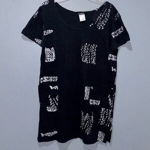 IG Sport Tunic Dress Women Medium Black Cotton Batik Abstract Pockets Boho